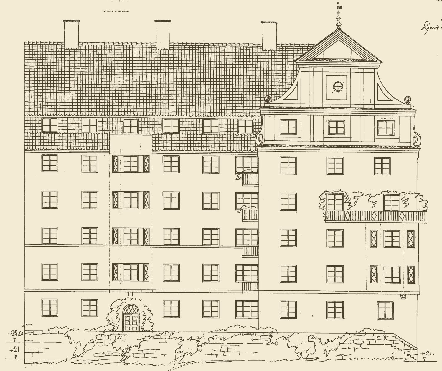 Arkitektritning från 1912: husets fasad mot Pålsundsparken