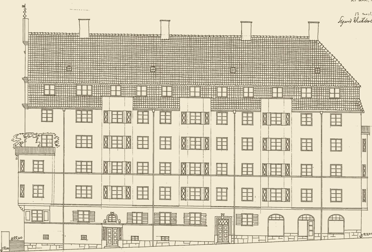 Arkitektritning från 1912: husets fasad mot Varvsgatan